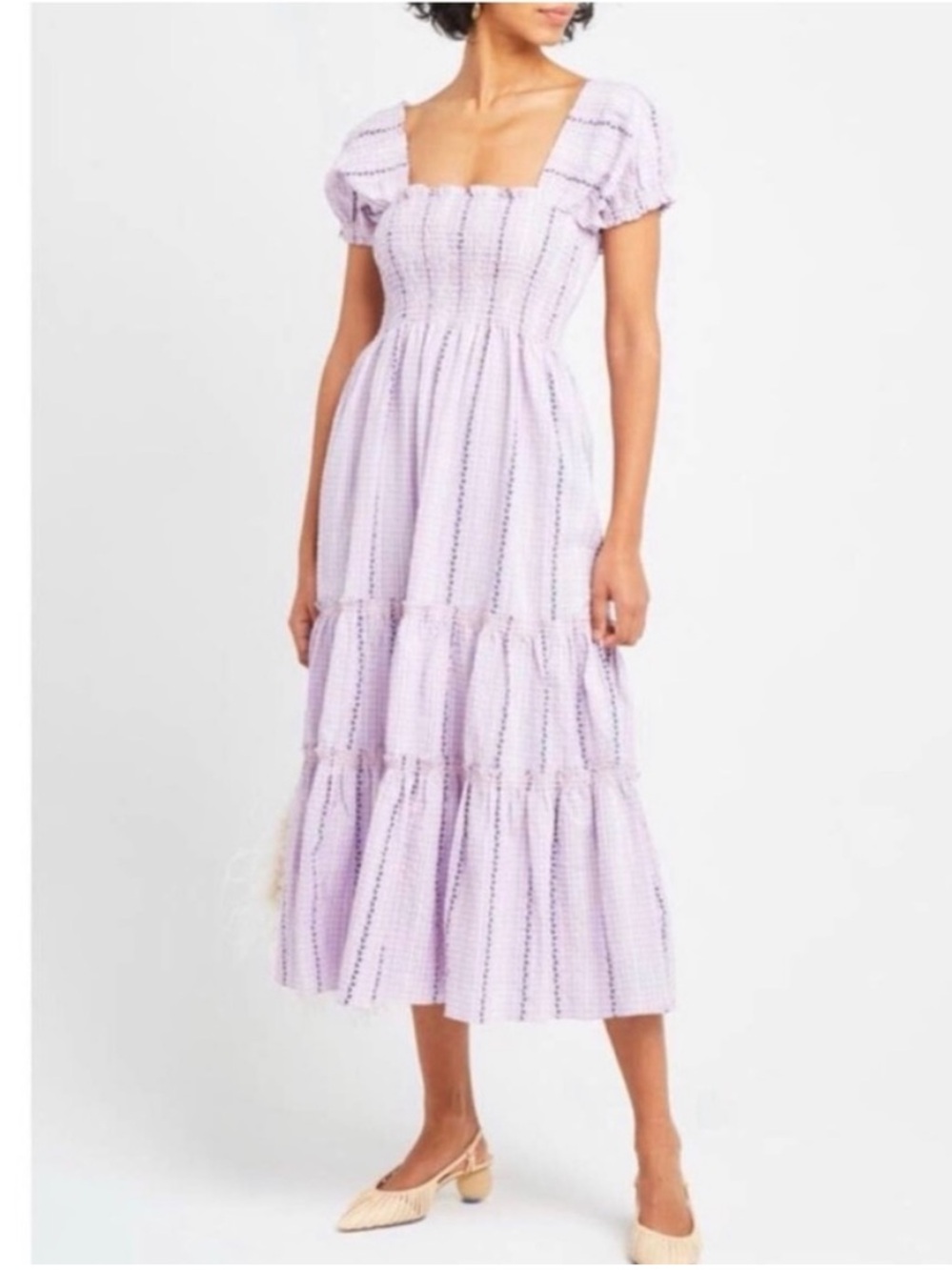 NWT O.P.T. Serenette Square Neck Smocked Gingham Midi Dress Sz M purple pink